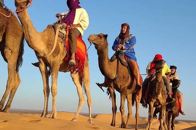 Camel riders dressed in colorful traditional clothing trekking across golden sand dunes in the Sahara Desert during a 2-Day Tour from Boumalne Dades
