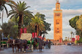 Street view of traditional horse-drawn carriages and palm trees near a tall historic tower during a 2-Day Tour from Marrakech.