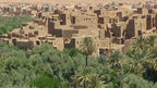 2-Day Tour from Marrakech featuring traditional brown clay kasbahs nestled among lush green palm trees in a Moroccan desert oasis