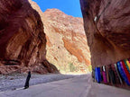 Scenic Todra Gorge with towering orange-red limestone cliffs and colorful textiles hanging on the rock wall during 2 day tour from Merzouga to Marrakech.