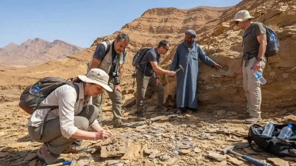 Group of tourists exploring sandstone rock formations guided by a local man in traditional blue robe during a 3-Day Tour from Ouarzazate to Merzouga and Zagora