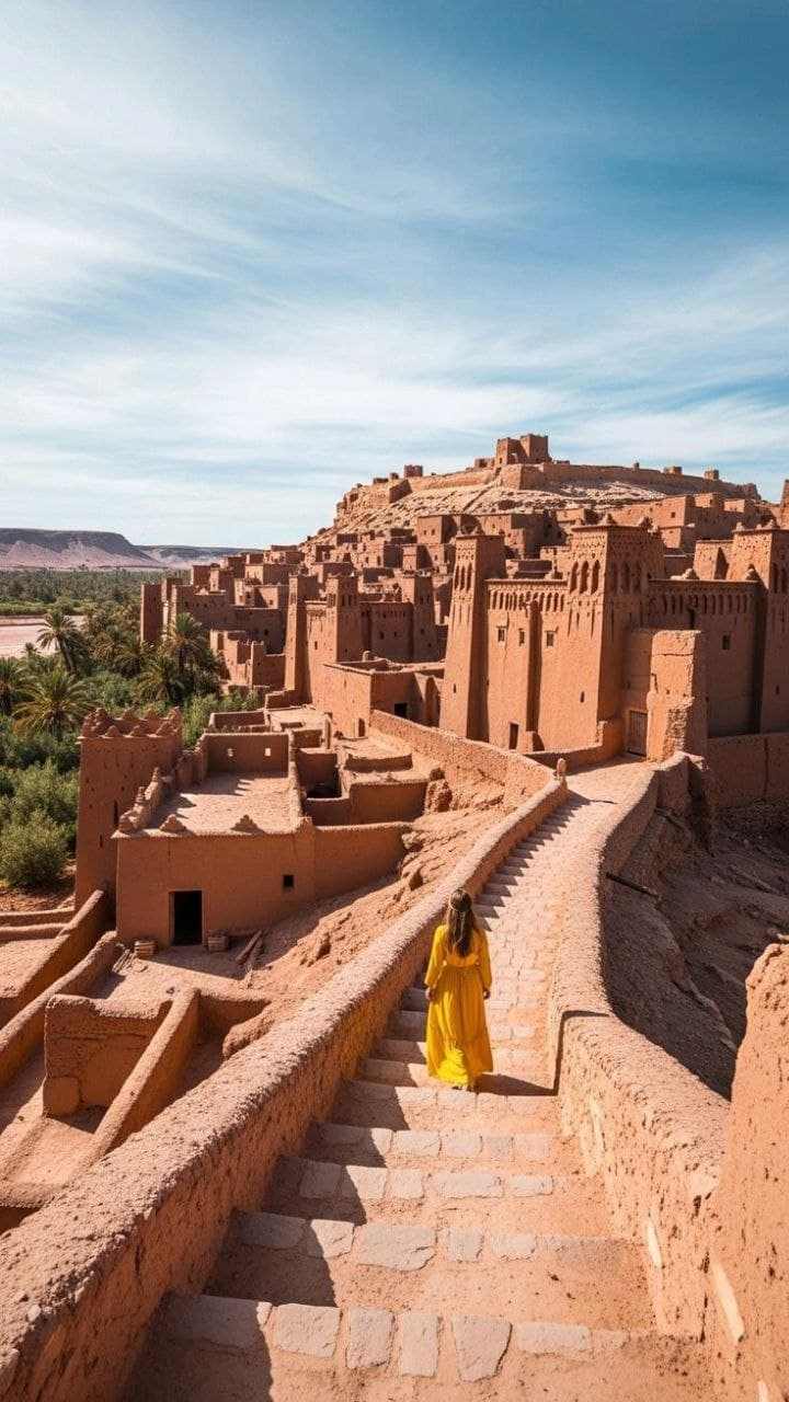 Ancient earthen kasbah with mud-brick walls under blue sky, a person in yellow walking along the stone pathway, part of a 3 Days Tour from Fes to Merzouga.