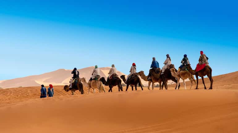 4-day desert tour showing a caravan of people riding camels over golden sand dunes under a clear blue sky