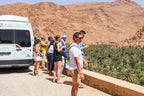 Group of tourists in casual summer clothing standing near white tourist van, overlooking green palm oasis against rocky desert hills on 4-day desert tour.