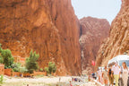 4-day desert tour showing tourists walking between towering orange-red rocky cliffs with scattered greenery and vehicles nearby