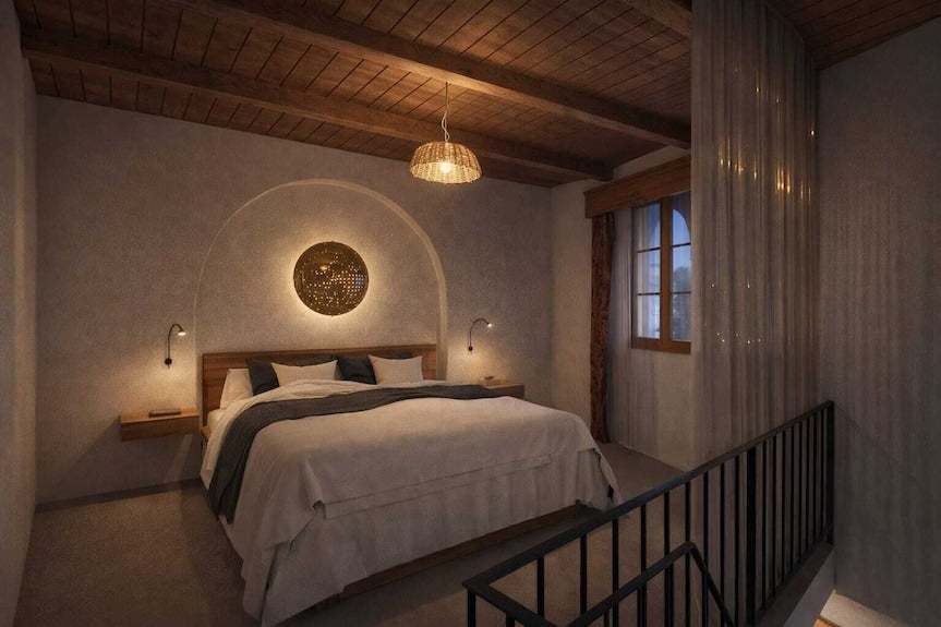 Alhambra Ryad & Spa bedroom with warm lighting, wooden ceiling, arched wall niche, neutral bedding, and modern bedside lamps