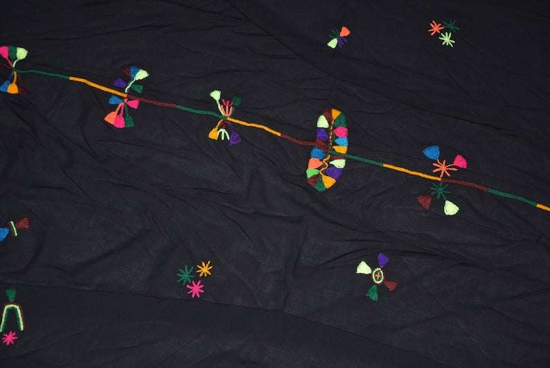 Black fabric scarf with colorful geometric and floral thread embroidery, showcasing traditional Berber Scarf Embroidery designs.