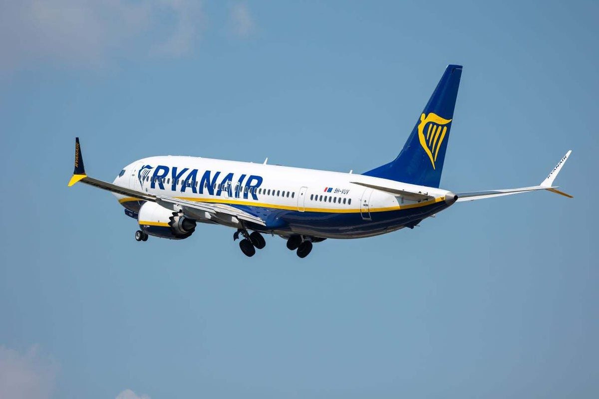 Booking Flight Tickets with a blue and white Ryanair airplane flying in a clear sky with extended landing gear