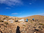 Rocky dry terrain with scattered bushes under blue sky, several people walking along a rugged path with donkeys and dogs during Boumalne Dades Tour
