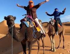 camel trekking adventure with two riders on brown camels in the desert with sandy dunes and blue sky