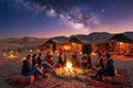 Desert camp with traditional tents, warm fire, cushions, and group enjoying Camel Trekking under a starry night sky.
