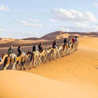 Camel trekking in Erg Chebbi with riders on camels crossing golden sand dunes under a partly cloudy sky