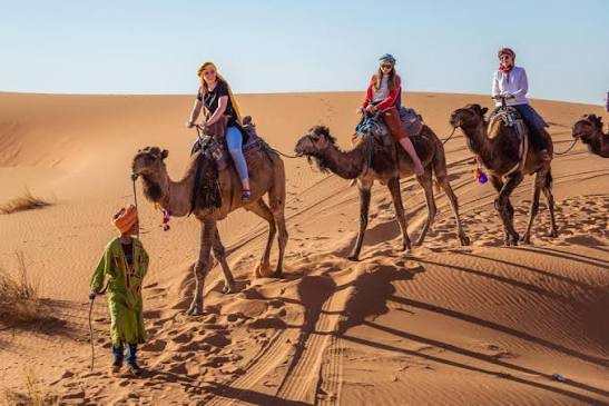 Camel Trekking in the Sahara Desert showing three people riding brown camels led by a guide dressed in green across golden sand dunes under a clear sky.