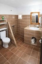 Bathroom in Casa Mona apartment with brown tiled walls and floor, white toilet, wooden framed mirror, and walk-in shower area
