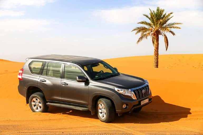 Dark gray 4x4 SUV parked on golden sand dunes near a single palm tree, representing a Day Tour from Erfoud to Merzouga.