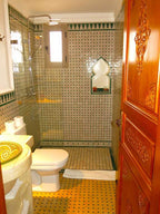 Desert Villa Boutique Hotel bathroom with Moroccan-style green and white patterned tiles, wooden door, and glass shower enclosure