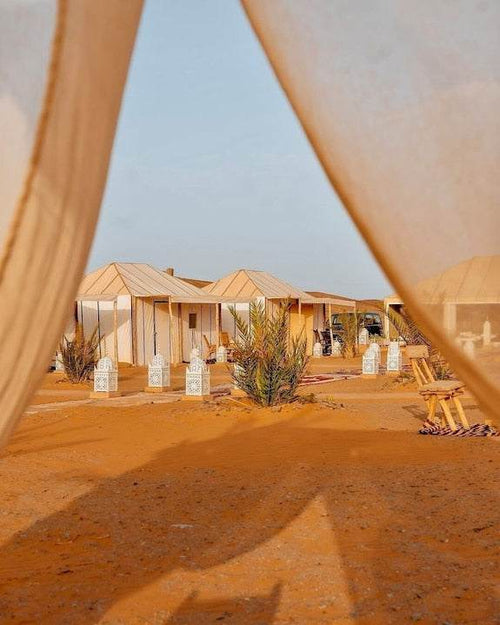 Dihya Desert Camp featuring beige canvas tents on orange desert sand with white lanterns and green plants under clear sky