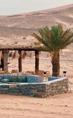 Dihya Desert Camp outdoor seating area with stone benches, patterned cushions, palm trees, and a shaded pergola in a desert landscape