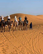 Camel trekking in the golden sand dunes of the Sahara Desert with riders following a guide in traditional blue attire under clear skies, Errachidia Airport