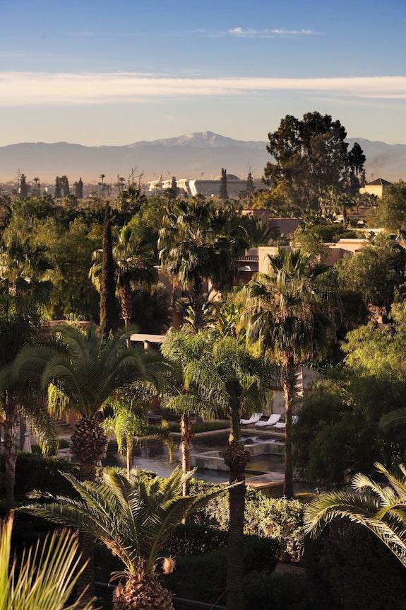 Four Seasons Resort Marrakech lush garden landscape featuring palm trees, dense greenery, and distant mountain views under a clear sky