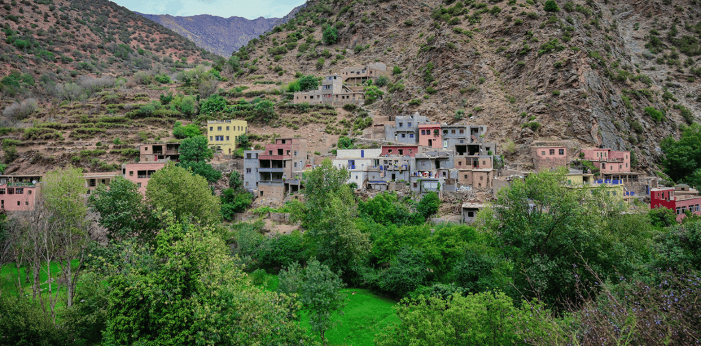From Marrakech to Ourika Valley tour showing colourful mountain village homes among green trees and rocky Atlas slopes
