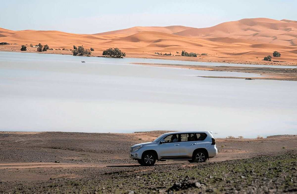 From Marrakech: To Sahara Tour featuring a silver SUV beside a lake, with orange desert dunes and sparse palms