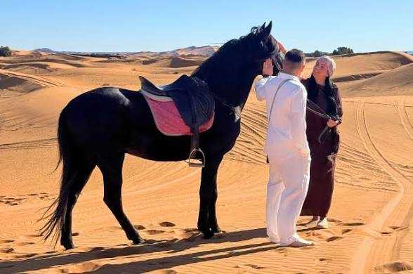 Black horse with a pink saddle pad and black bridle standing on golden desert sand with two people nearby during Horse Riding in Merzouga.