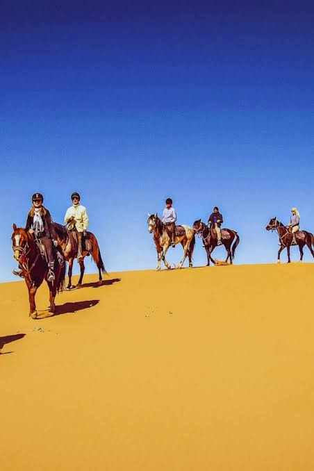 Group of riders on brown horses crossing golden sand dunes under clear blue sky during Horse Riding in Merzouga desert adventure