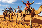 Group of people riding camels in the golden sand dunes under a bright blue sky at Kalimba Luxury Desert Camp