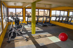 Kasbah Hotel Xaluca gym with yellow walls, large windows, several treadmills, exercise bikes, and a red exercise ball