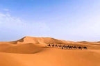 Desert landscape with golden sand dunes under a clear blue sky featuring a caravan of camels and riders near Les Pyramides Hotel.