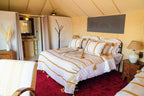 Luxury Camp Chebbi bedroom with beige canvas tent walls, white and tan striped bedding, dark wooden side tables, and red carpet
