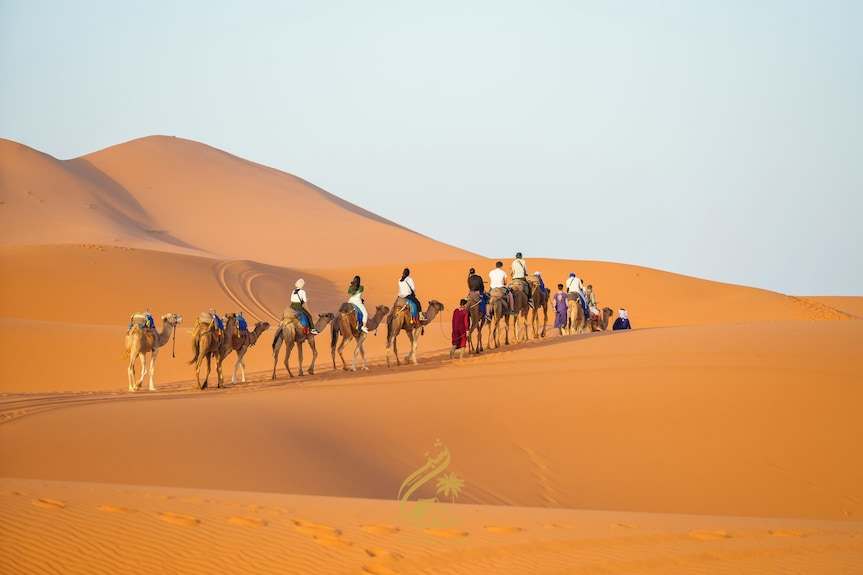 Luxury Camp Chebbi camel caravan of travelers crossing orange sand dunes under clear sky in Merzouga Morocco
