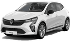 White Renault Clio hatchback with black grille and modern LED headlights, ideal for Luxury Car Rental in style.