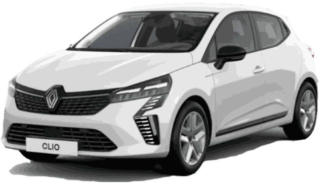 White Renault Clio hatchback with black grille and modern LED headlights, ideal for Luxury Car Rental in style.