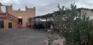 Maison Riad Tamarighte traditional Moroccan riad in soft beige with outdoor courtyard, palm trees, and adobe walls under cloudy sky