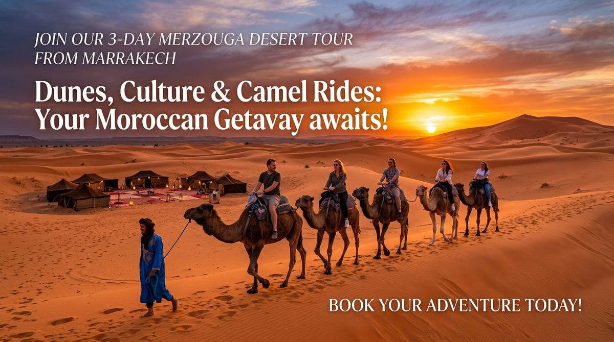 Merzouga desert tour featuring a group of people riding camels led by a guide in blue on golden sand dunes during a vibrant sunset in Morocco