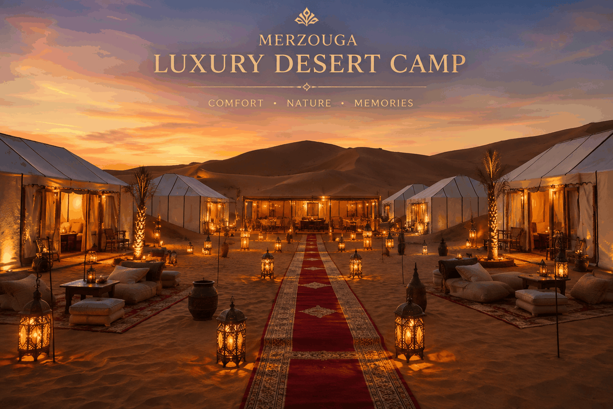 Merzouga Overnight Luxury Sahara Desert Camp with white tents, warm lantern lighting, red carpets, and desert dunes at sunset.