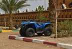 Blue Merzouga Quad Bike with rugged black tires parked next to palm trees and a traditional decorative wall
