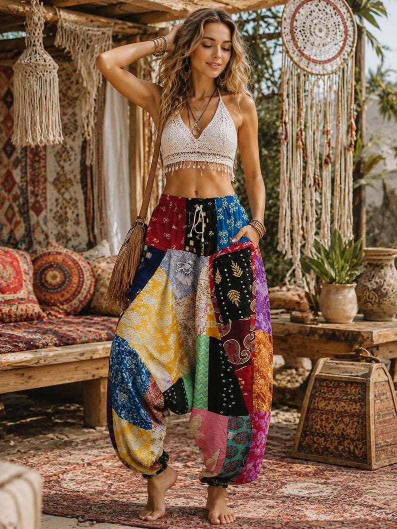 Merzouga Shopping Aladdin pants featuring colorful patchwork cotton blend fabric, elastic drawstring waist, and tapered ankle cuffs.