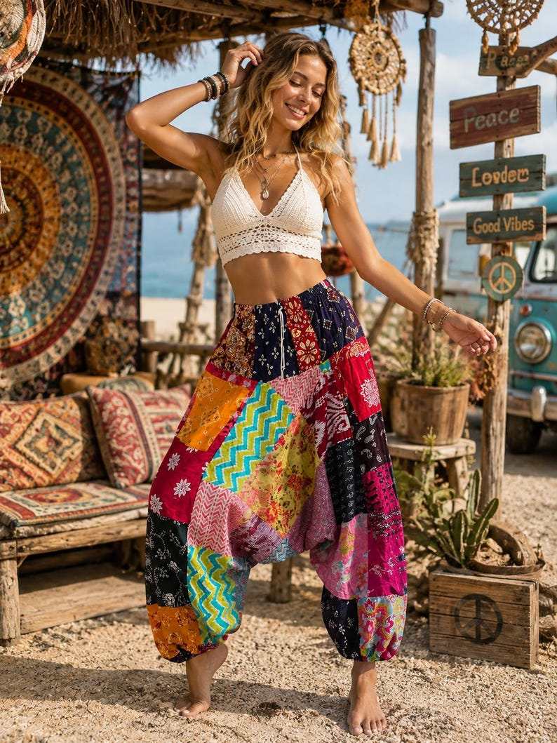 Merzouga Shopping Aladdin pants in colorful patchwork cotton blend with elastic waist and tapered ankle cuffs worn by woman