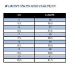 Women's shoe size chart for Europe and US in black, blue, and white table with sizes from 5 to 10.5 US for Merzouga Shopping