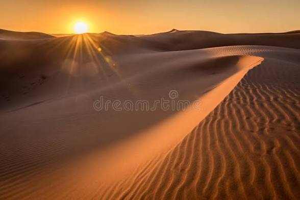 Sandy desert dunes at sunset with warm golden light casting shadows, capturing the essence of Merzouga Sunset Camel Trekking.