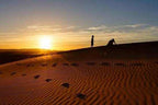 Merzouga Sunset Camel Trekking showing sandy orange dunes with two silhouetted figures and a golden sun setting in the background.