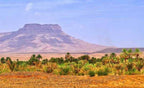 Merzouga Taxi Rent showcasing a scenic desert landscape with golden sand, green palm trees, and a flat-topped mountain under a clear sky
