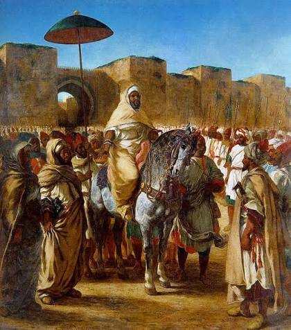 Painting of a historic scene with a man in white robes on a gray horse under a red umbrella, surrounded by people in traditional attire, representing Merzouga to Fes journey.