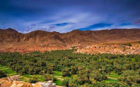 A lush green oasis with palm groves and traditional buildings at the base of rugged brown mountains under a partly cloudy blue sky showcasing Merzouga to Tinghir landscapes