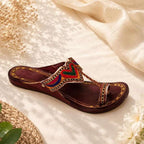 Merzougs Handmade leather Kolhapuri sandal in dark brown with colorful embroidered upper and toe-ring slip-on design