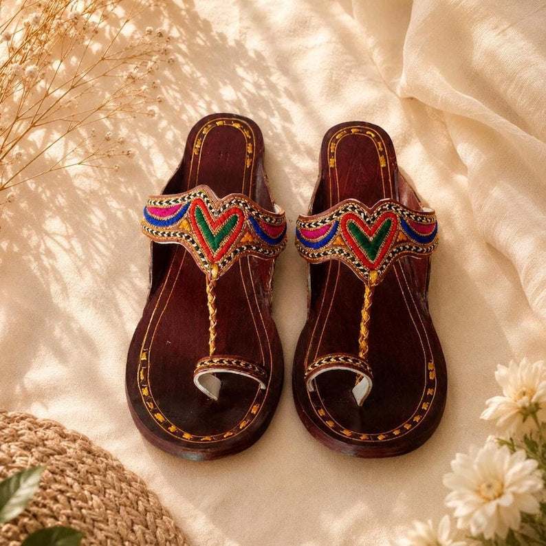 Merzougs Handmade colorful leather Kolhapuri sandals with embroidered heart design and toe-ring slip-on style flats