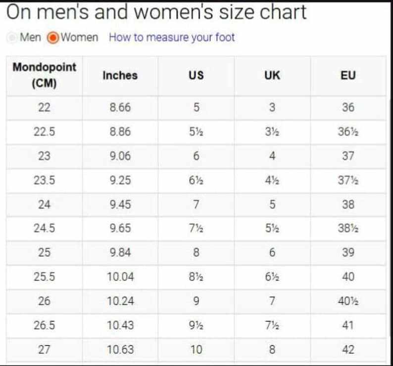 Men's and women's shoe size chart showing Mondopoint in CM, inches, and corresponding US, UK, and EU sizes for footwear sizing.